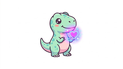 Cute cartoon dinosaur holding a glowing heart. © Brody