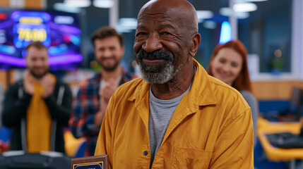 Obraz premium Senior gaming club championship ceremony in community hall, tournament organizer presenting engraved plaque to winning resident aged seventy-nine, teammates applauding behind winner, scoreboard stil