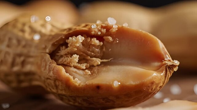 Close up of salted peanuts with salt crystals falling on them.