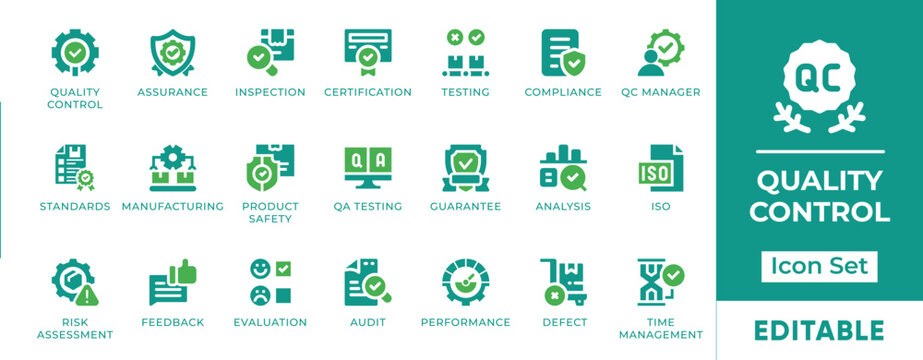Quality Control and Product Inspection Vector Icons for Manufacturing Standards in Green