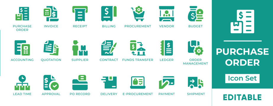 Purchase Order, Procurement, Supply Chain and Billing Vector Icon Set