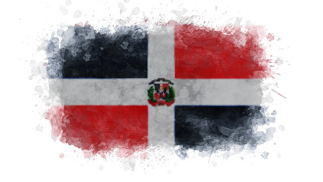 The flag of the Dominican Republic is depicted with a bold watercolor splash, creating an artistic and textured representation of this Caribbean nation's proud national emblem.