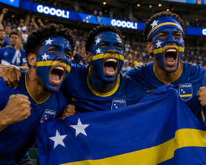 Naklejka premium soccer fans cheer with painted faces and flag