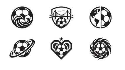 Creative soccer ball logo designs featuring wave, bridge, world, planet, heart, and fire elements © MD