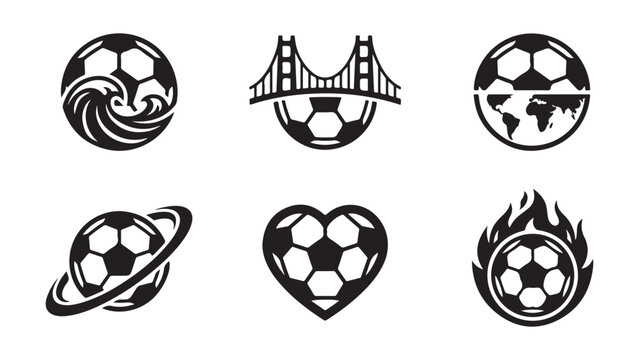 Modern soccer ball graphic icons with environmental and conceptual themes in black and white