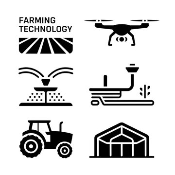 Black icons of farming technology on white isolated on transparent background
