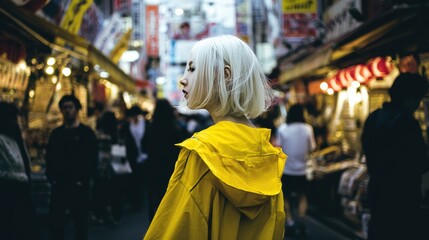 Obraz premium a beautiful cool girl with short white hair wearing an oversized yellow jacket walks through a crowded street in Osaka,