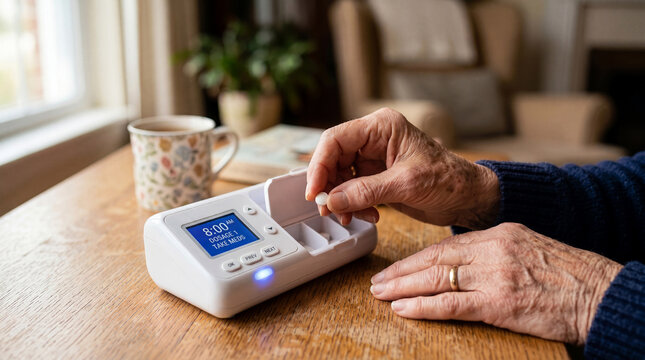 Close-up of an elderly person's hands taking a white pill from an electronic automatic pill dispenser on a wooden table, with a mug and a blurred living room background.