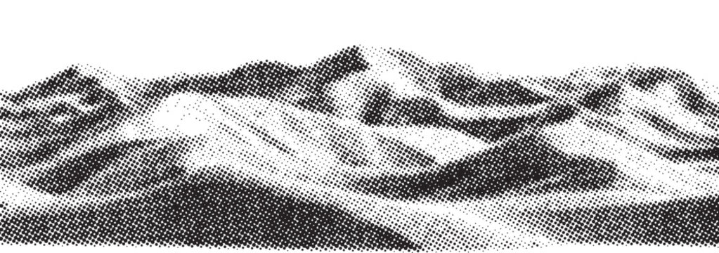 Mountain range landscape silhouette with halftone dot texture for panoramic nature design.