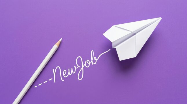 White paper plane flying over purple background with handwritten new job text and pencil for career success idea.