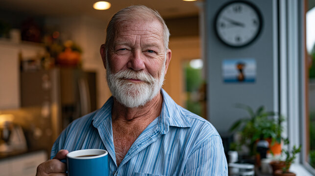 Former surgeon experiencing first completely unstructured Tuesday morning after retirement, standing in kitchen in casual clothes holding coffee mug, operating schedule habit still pulling at postur