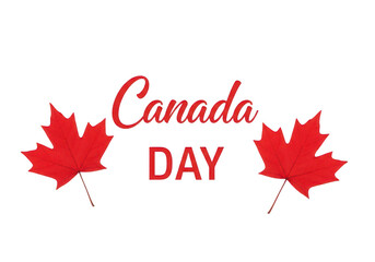Fototapeta premium Red maple leaves flanking the canada day text for holiday celebration design PNG isolated on transparent background
