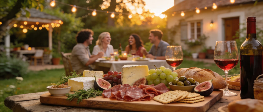 Rustic Outdoor Wine and Charcuterie Gathering at Sunset Garden Dinner Panoramic 