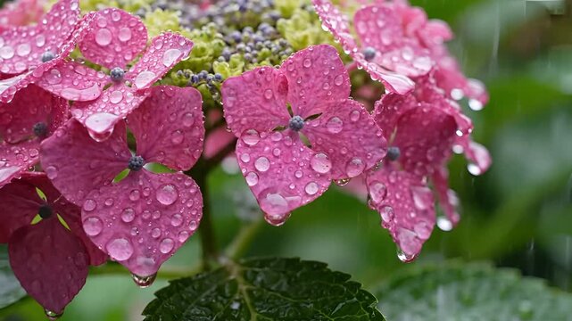Closeup of a pink hydrangea flower with raindrops in the garden.