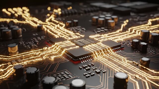 Microchip with glowing circuitry emphasizing network speed and cloud computing