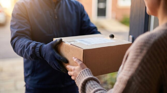 Courier safely delivering a brown cardboard package directly to a grateful customer's hands at their residential doorstep, ensuring secure receipt of online orders