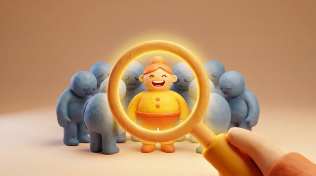 Spotlighting unique talent with a magnifying glass, distinguishing a standout individual from a collective group for focused attention and selection