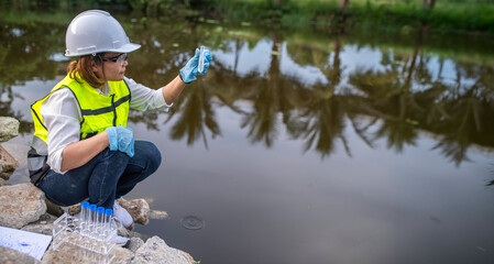 Environmental engineers inspect water quality,Bring water to the lab for testing,Check the mineral content in water and soil,Check for contaminants in water sources. © reewungjunerr