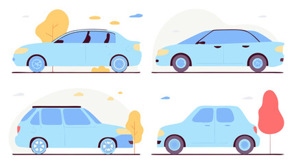 Naklejka premium Collection of four light blue modern car illustrations with subtle background elements