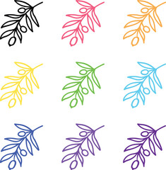Fototapeta premium Hand drawn olive sprig icons with berries in multiple colors for organic brand identity.
