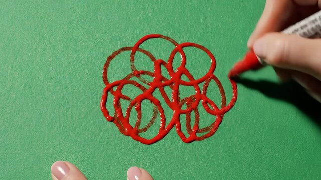 Closeup of hand drawing red abstract pattern on green background.