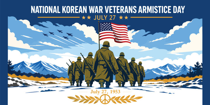 National Korean War Veterans Armistice Day banner with soldiers marching across snowy mountain plain beneath a waving USA flag and glowing sunrise sky, solemn remembrance illustration