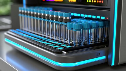 Fototapeta premium Sequencing workstation with blank microplates and clear tubes under blue LED lighting
