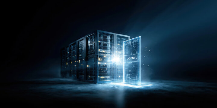 Ai agent finance futuristic server room with glowing digital door and data center light beam creating dramatic atmospheric mood