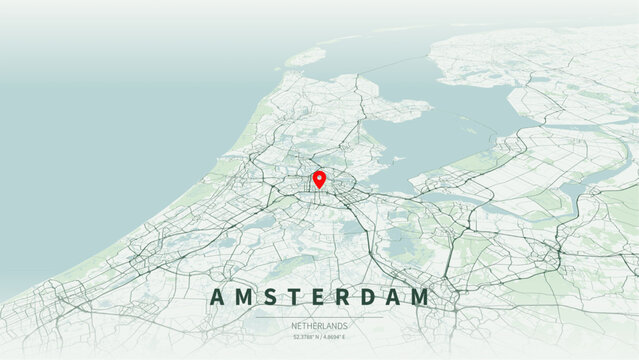 Modern minimalist vector map of Amsterdam, Netherlands. High-quality scalable illustration of Amsterdam city grid, historic Grachtengordel canal rings, IJ river waterfront for posters and design.