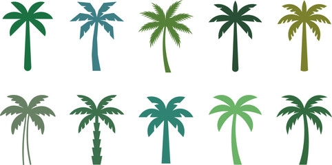 Collection of various palm tree silhouettes in different green colors © VectoLover