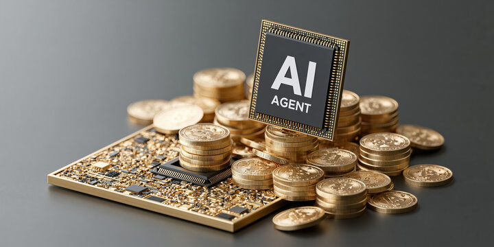 Ai agent finance chip and stacked coin concept blending technology and money sleek composition conveying innovation and value