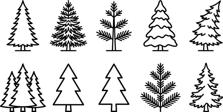 Collection of various pine tree line art illustrations on white background