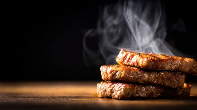A close-up of three perfectly grilled steak pieces, showcasing rich colors and steam rising