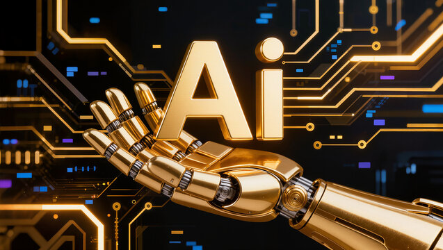 Golden Ai 3D text is floating over the golden robot hand , dogital gold light effect is background , futuristic image.