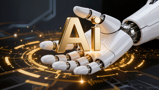 Close up a white robot hand holding Ai 3D text golde color , with gold digital light effect and black background. 