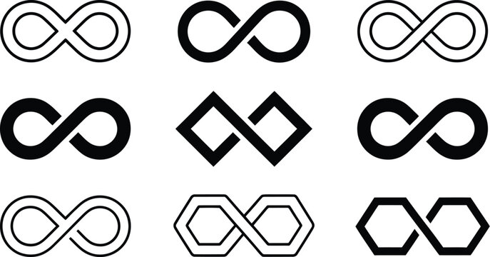 Infinity loop symbol set vector illustration collection of various continuous line geometric limitless shapes isolated on white background
