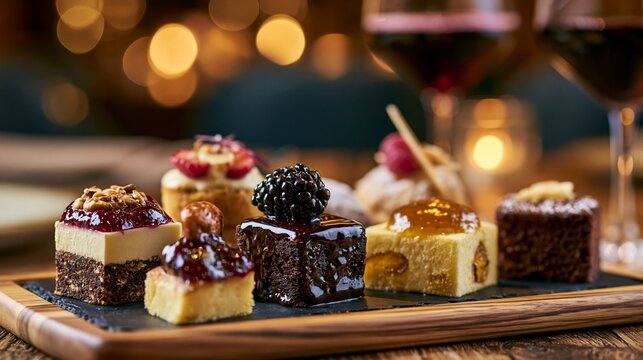 Medium shot highlighting a luxury dessert tasting board with assorted petit fours and blurred wine glasses set in a warm intimate restaurant setting with shallow depth of field.