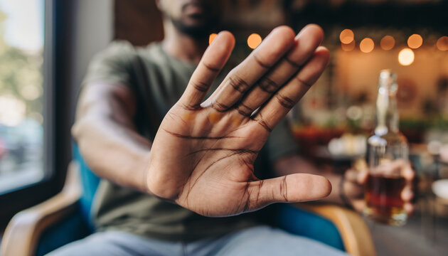 A person holds up an open hand in a clear stop gesture while holding an alcoholic beverage in the other hand indoors.