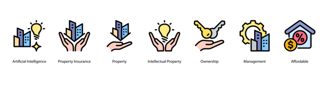 Property Management web banner icon vector illustration featuring Artificial Intelligence, Property Insurance, Property, Intellectual Property, Ownership, Management, and Affordable.