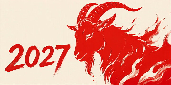 Red fiery goat illustration representing the year 2027. Chinese zodiac symbol graphic for lunar new year celebration. Artistic flame pattern design for holiday greeting card project.
