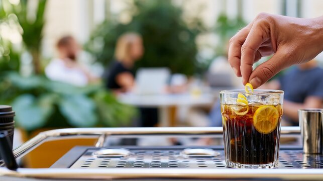 Medium shot of a coffee expert adding finishing touches to an espresso tonic with lemon peel garnish on a sleek patio cart out of focus potted greenery and office professionals