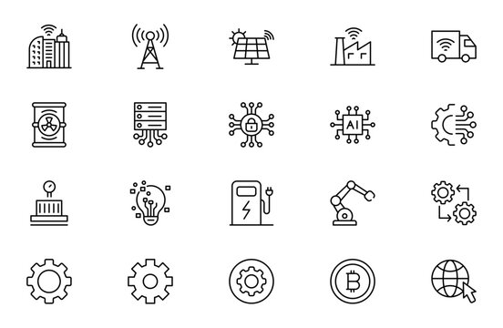 Industry and Manufacturing Line Icon Set for Factory, Industrial Production, Engineering, Automation and Heavy Equipment Outline Vector Collection