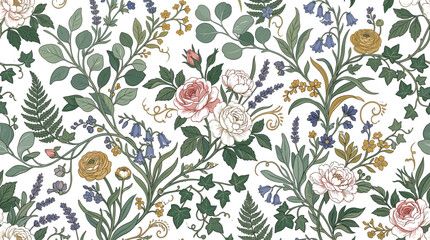 Elegant Seamless Floral Pattern Featuring Pink Roses Lavender Bluebells and Fern Leaves in a Botanical Garden Style for Romantic Wedding Stationery and Textile Wallpaper Backgrounds © Malati