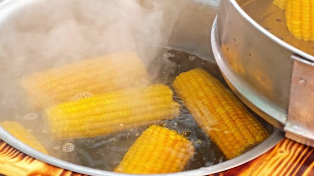 Fresh corn cobs boiling in a pot filled with steaming water, showcasing the cooking process with wooden surface and steam rising in the kitchen setting
