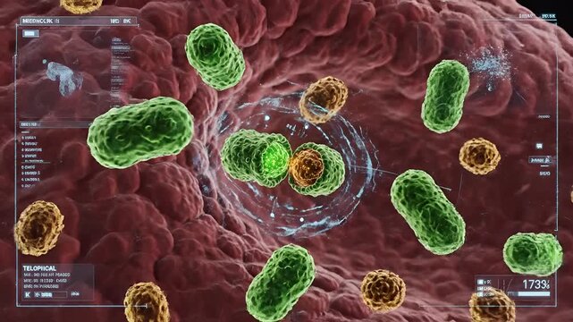 Microscopic view of cells and bacteria interacting in a biological environment.