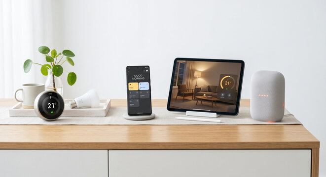 modern office interior with phone and tablet