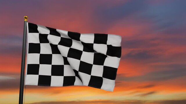Checkered racing flag waving at sunset sky, symbolizing victory, competition, achievement, and the dramatic conclusion of motorsport events