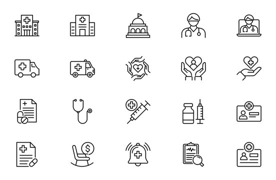 Medicare and Healthcare Line Icon Set for Medical Insurance, Hospital Care, Patient Support and Health Service Outline Vector Collection
