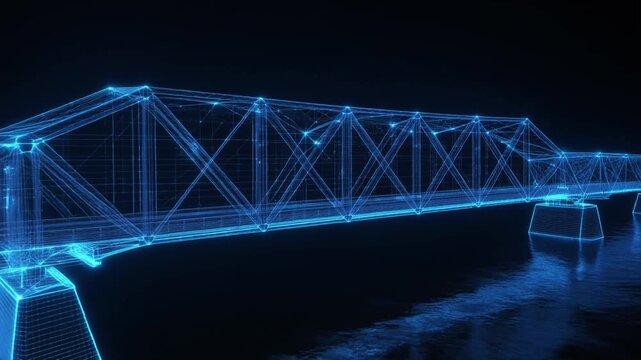 Glowing wireframe bridge design with geometric trusses, reflective water surface, structural symmetry, and futuristic civil engineering visualization