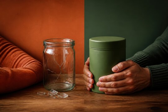 Financial savings concept with empty broken jar and closed container showing budget uncertainty and trust